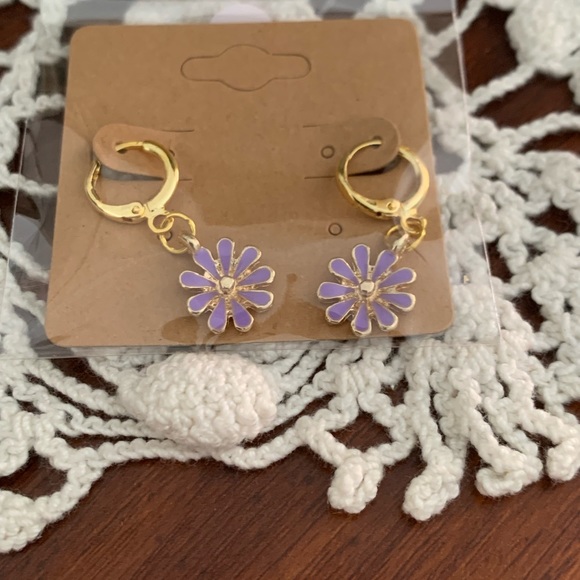 *3 for $20* Purple and Gold Enamel Flower Huggie Hoop Earrings - Picture 4 of 5